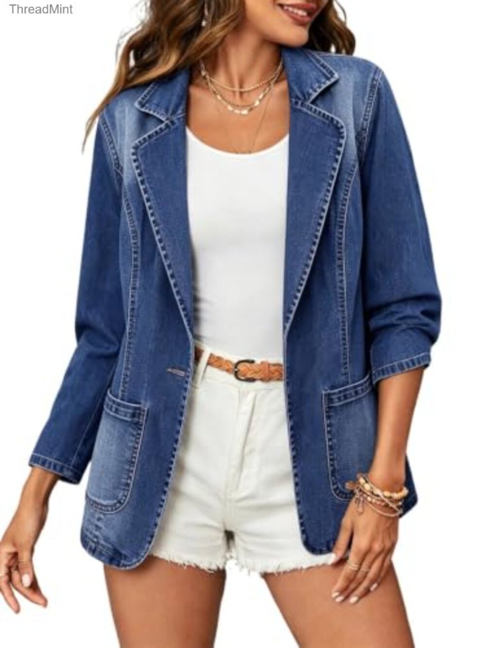 Women's Denim Cotton Notched Lapel Blazer Jacket Slim One Button Long Sleeve